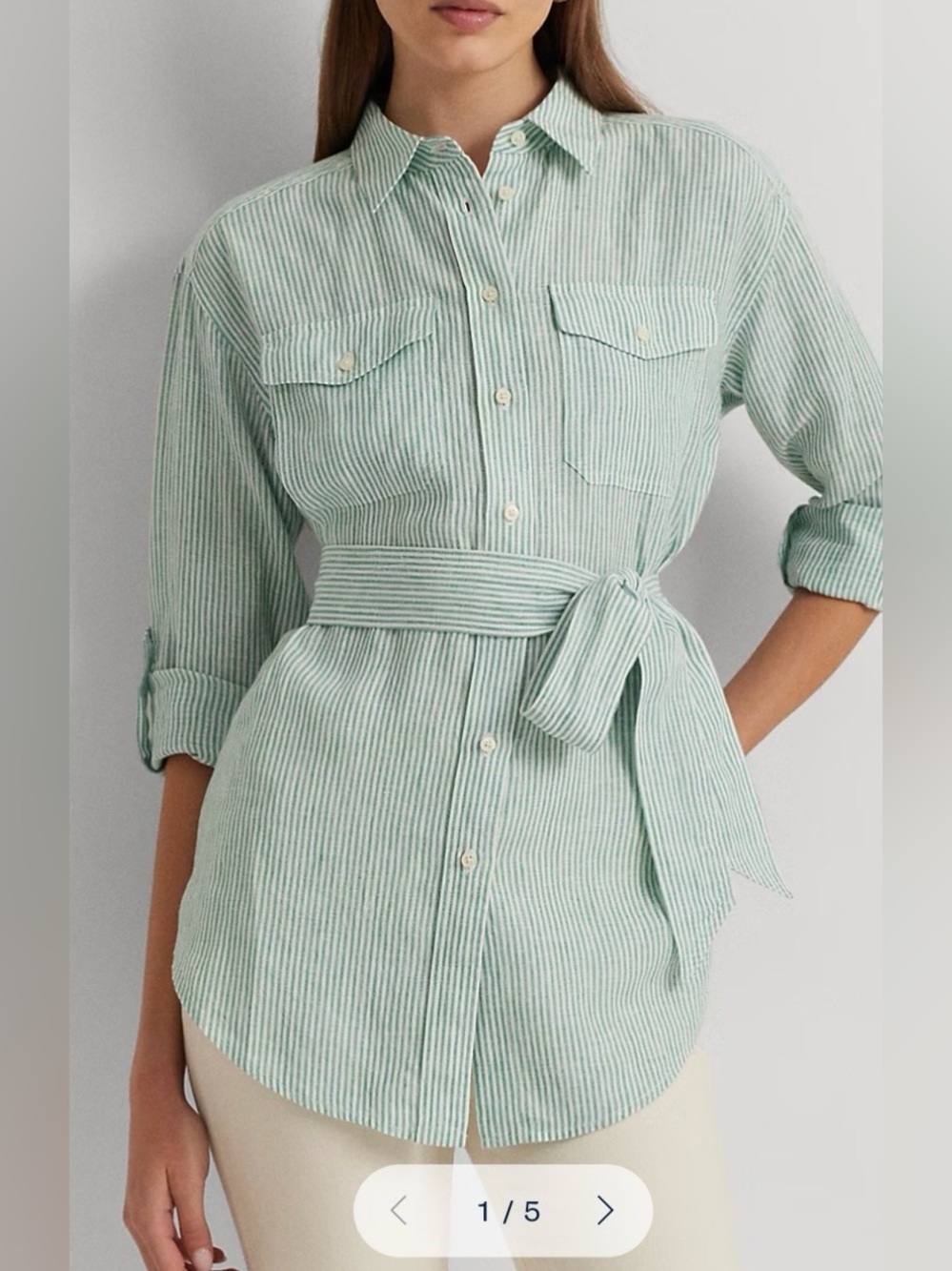 Lauren Ralph Lauren Women’s Green White Striped Tie Waist Button Down New XL